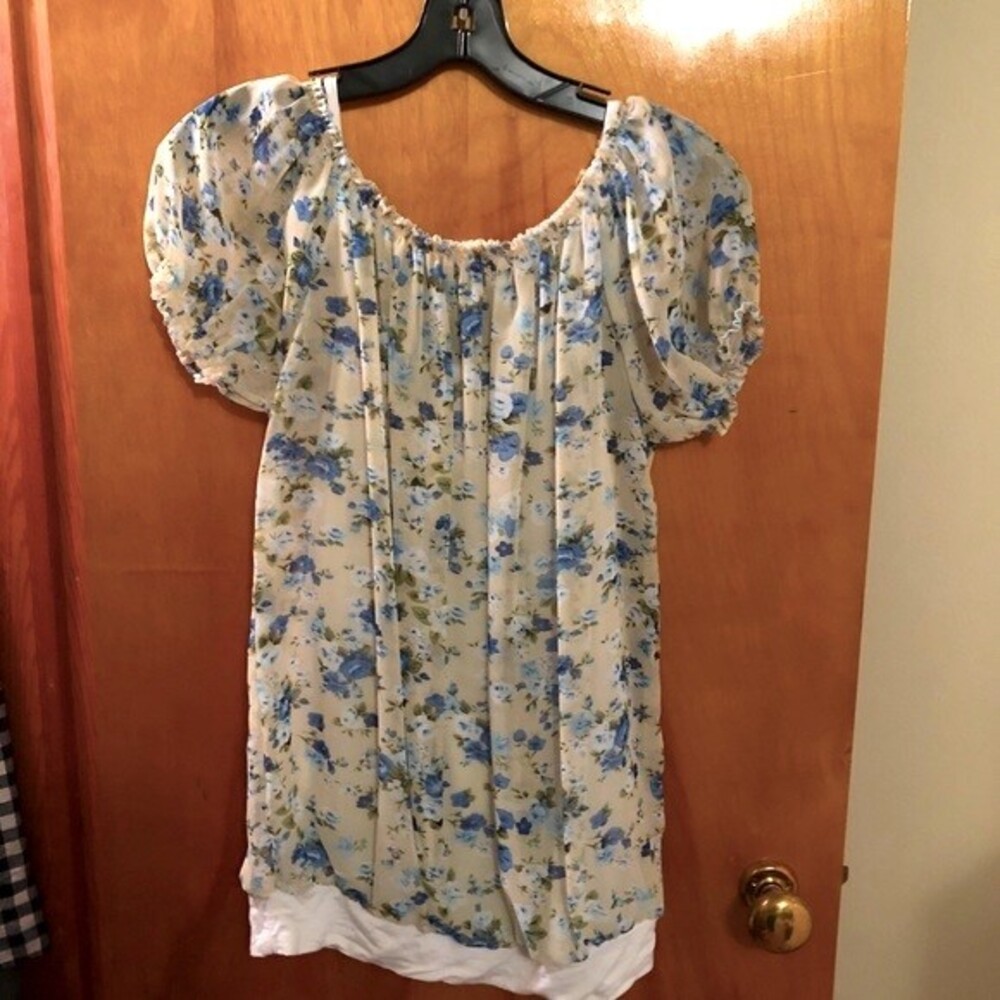 Cream Blue Top Flower Print Pattern Cottagecore Peasant Blouse Stretch Lined